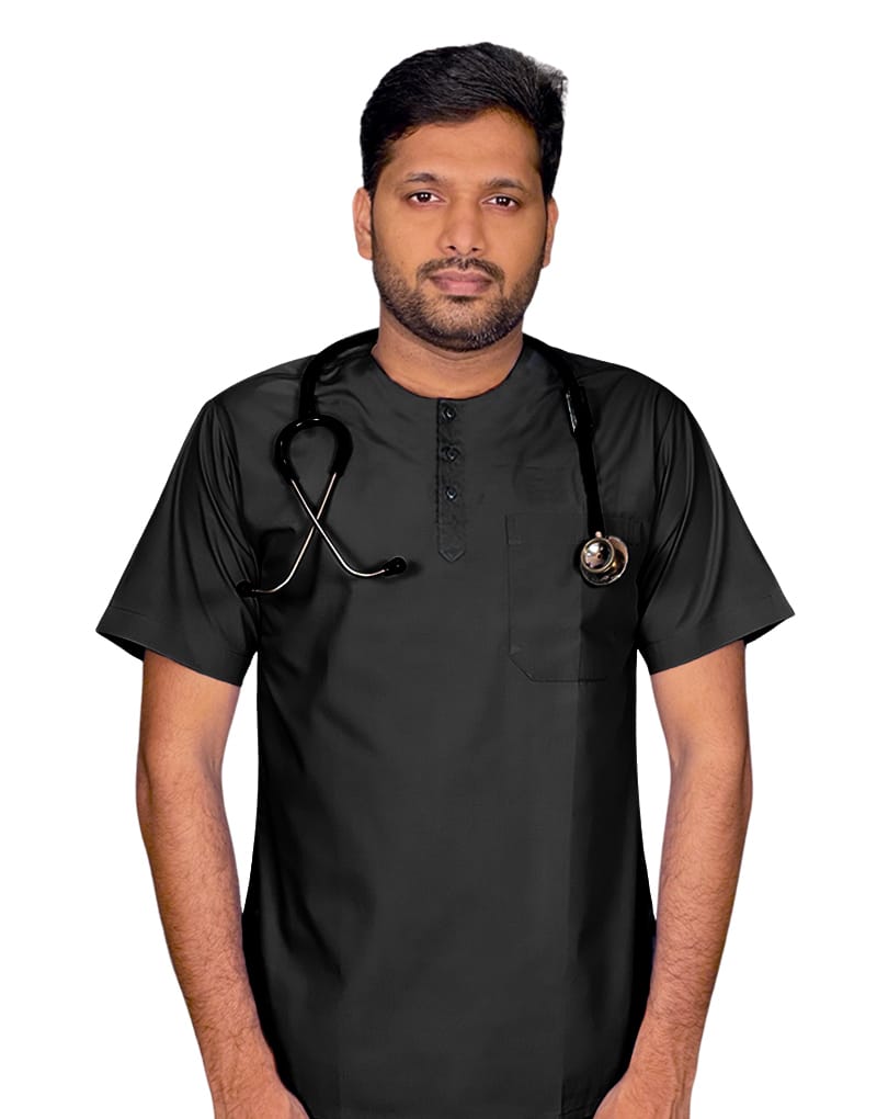 Black All-Day Half Sleeve Round Neck 3 Buttons Medical Scrubs